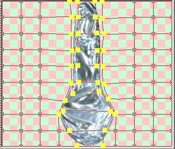 shows program window with marked mesh warp nodes in yellow to be adjusted
