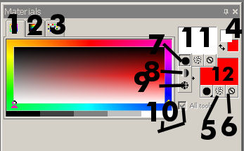 PSP9 Materials Palette with 12 areas numbered.