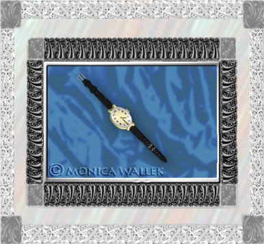 From scratch creation of my black suede banded oval Timex on a blue silk background framed with a fancy frame I created myself.