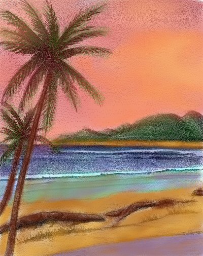 Beach scene with palm tree, mountain.