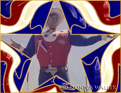 Patriotic colored stained glass star frame surrounding Big Tex at the State Fair of Texas.