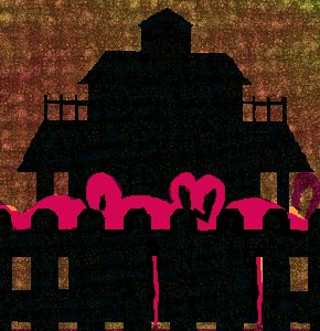 House silhouette on golden sky with picket fence and pink flamingos.