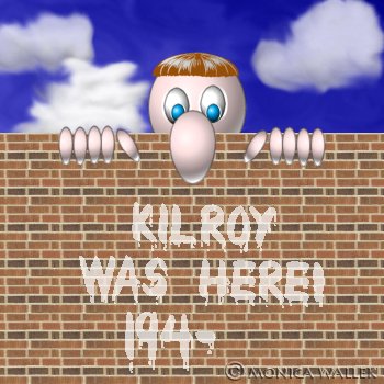 Vector Kilroy peeking over brick wall.
