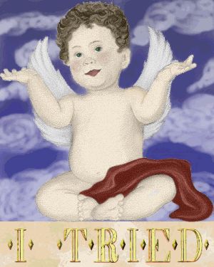 Colorized shrugging cupid clipart with I Tried in gold text below