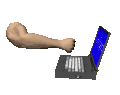 animated arm hitting laptop keyboard with keys flying.