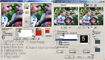 Labelled tool window in versions PSP7 and PSP8 PSP7 and PSP8 Manual Color Correct tool labelled.