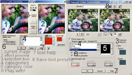 PSP7 and PSP8 Manual Color Correct tool labelled.